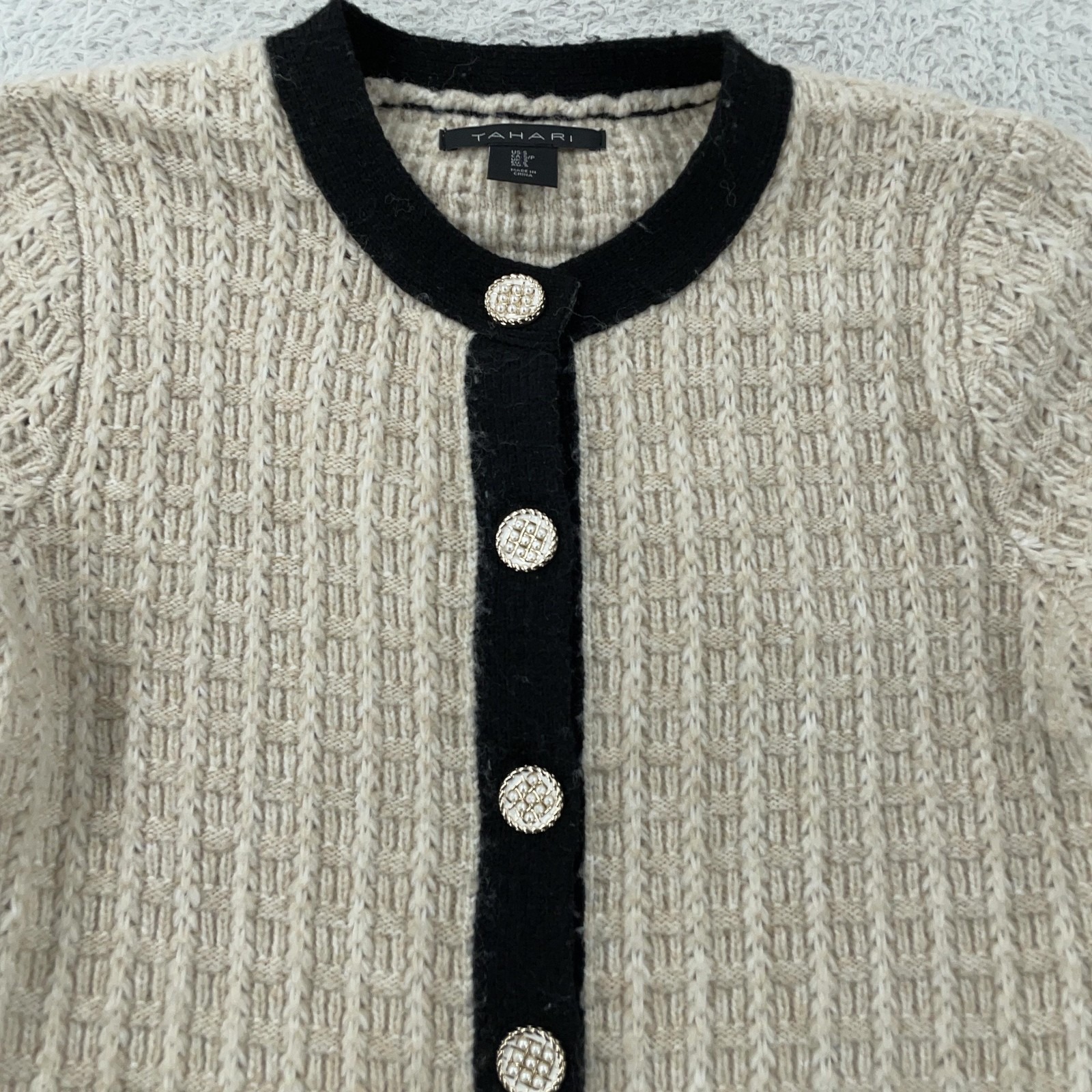 Tahari Sweater Women's Small Beige Black Cardigan Button Front Contrast Trim